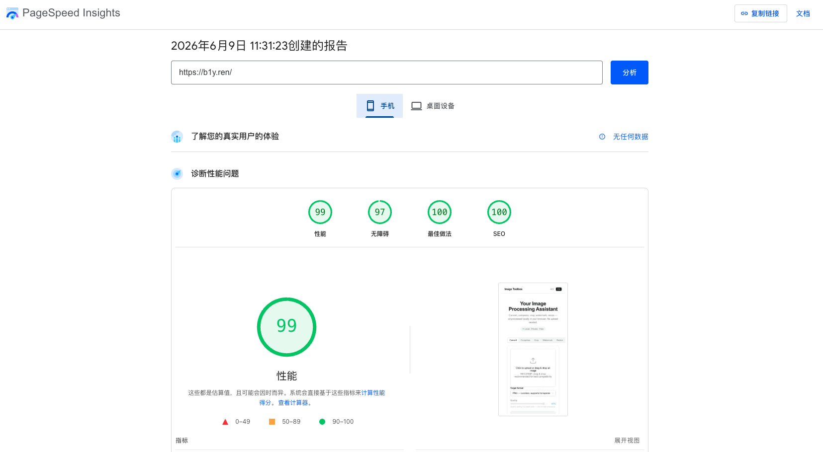 PageSpeed Insights 移动端性能评分